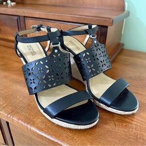 Michael Kors Black Wedge Sandals with Laser-Cut Design